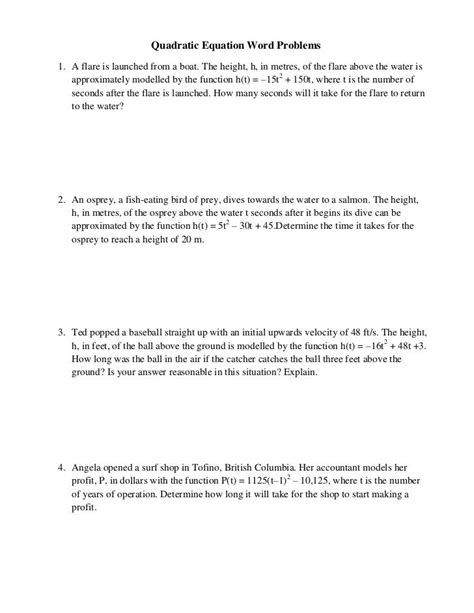 quadratic equation word problems worksheet with answers